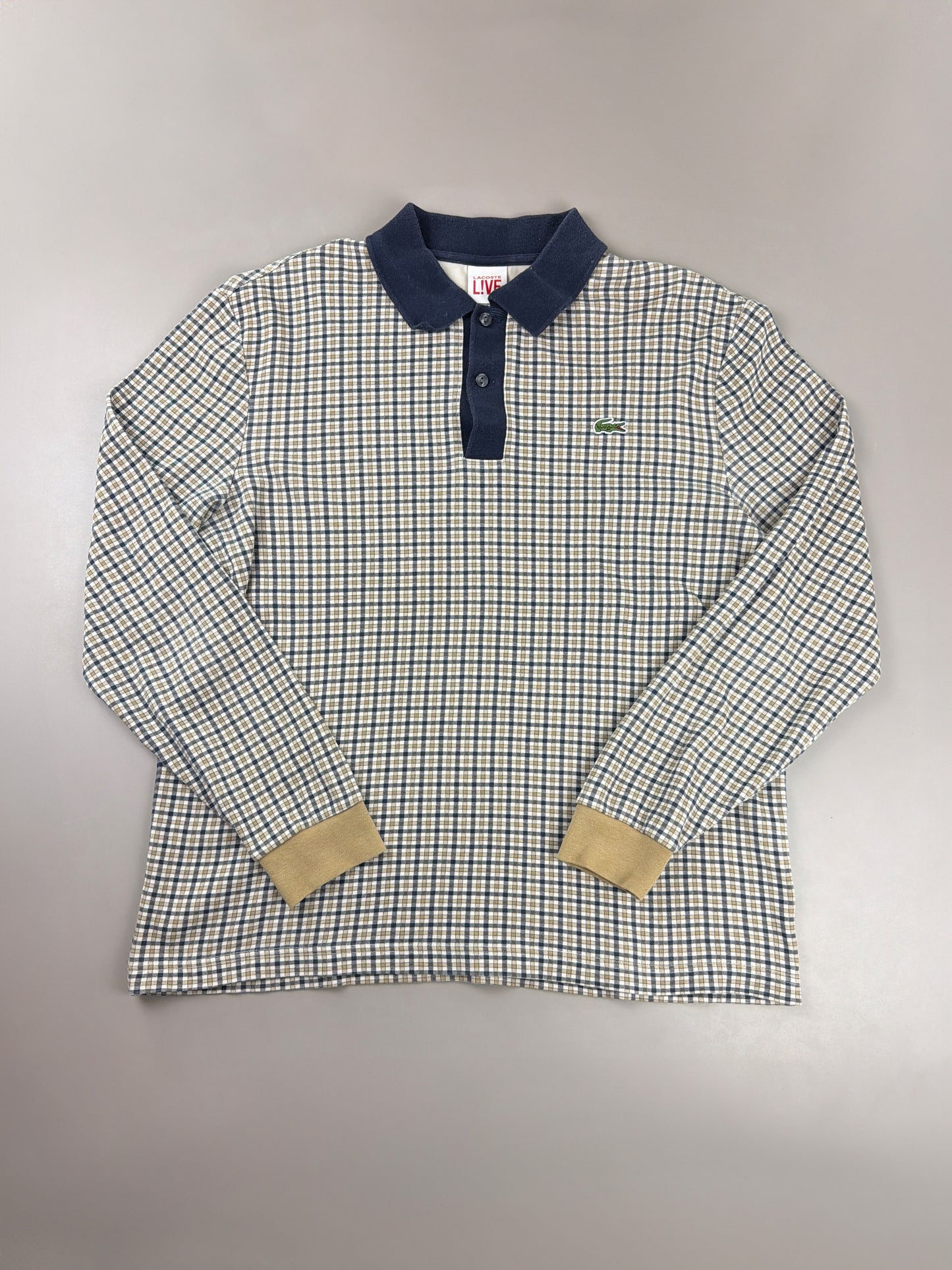 Lacoste L!VE Archive "Checkered" Longsleeve Polo - Navy & Beige
