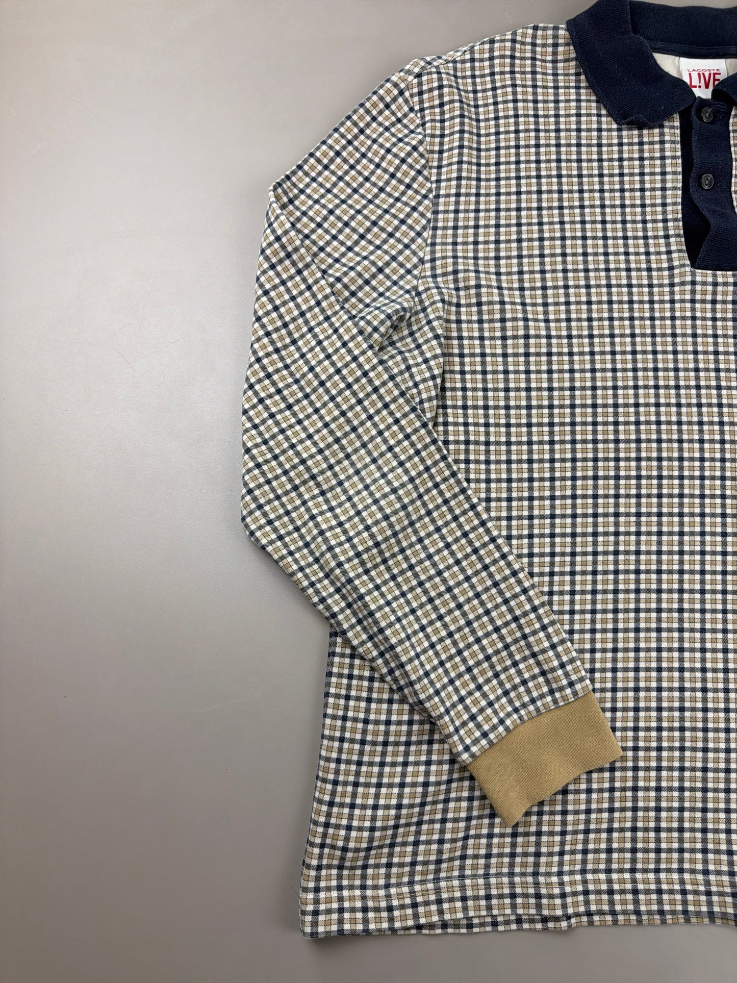 Lacoste L!VE Archive "Checkered" Longsleeve Polo - Navy & Beige