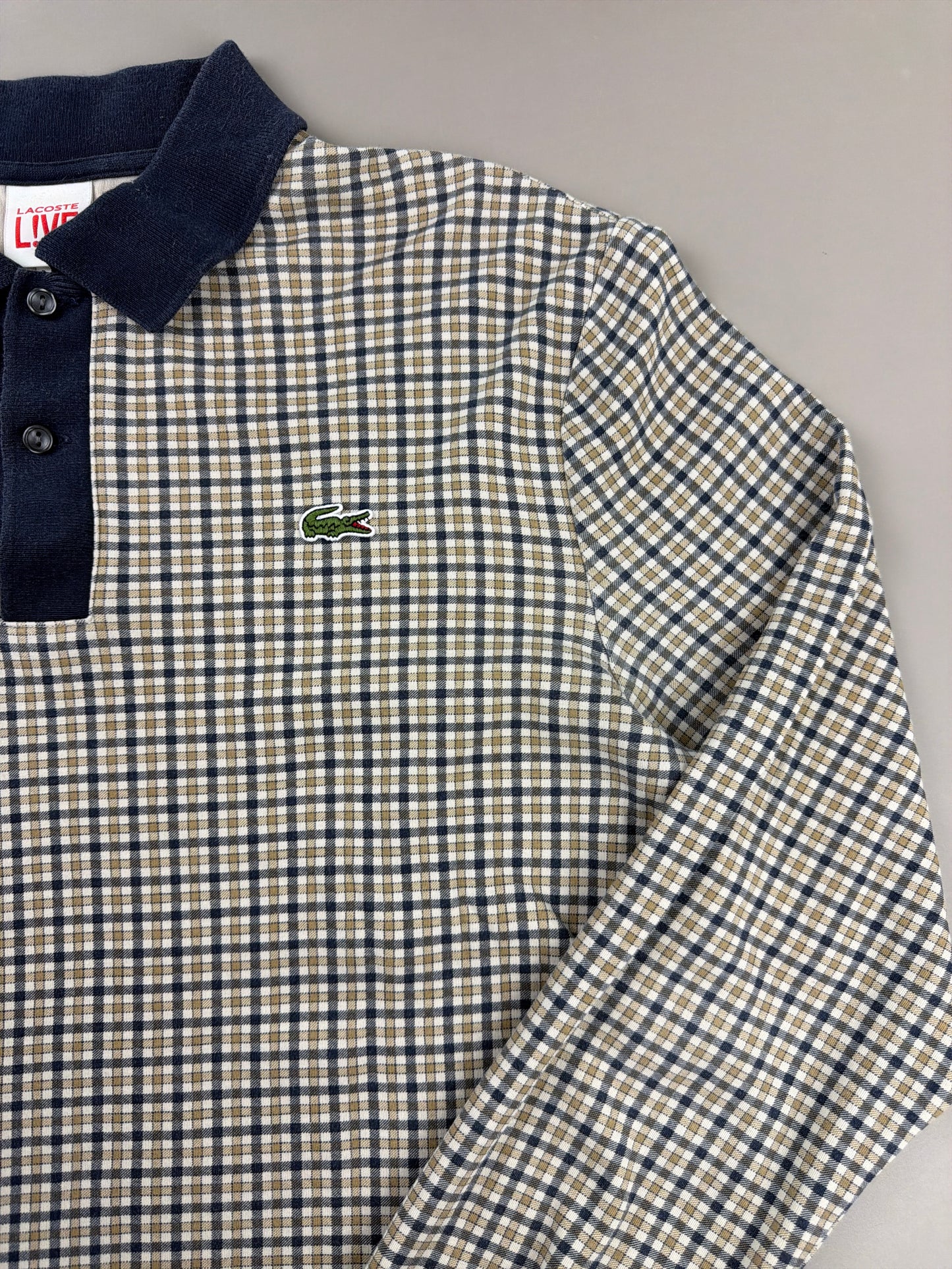 Lacoste L!VE Archive "Checkered" Longsleeve Polo - Navy & Beige