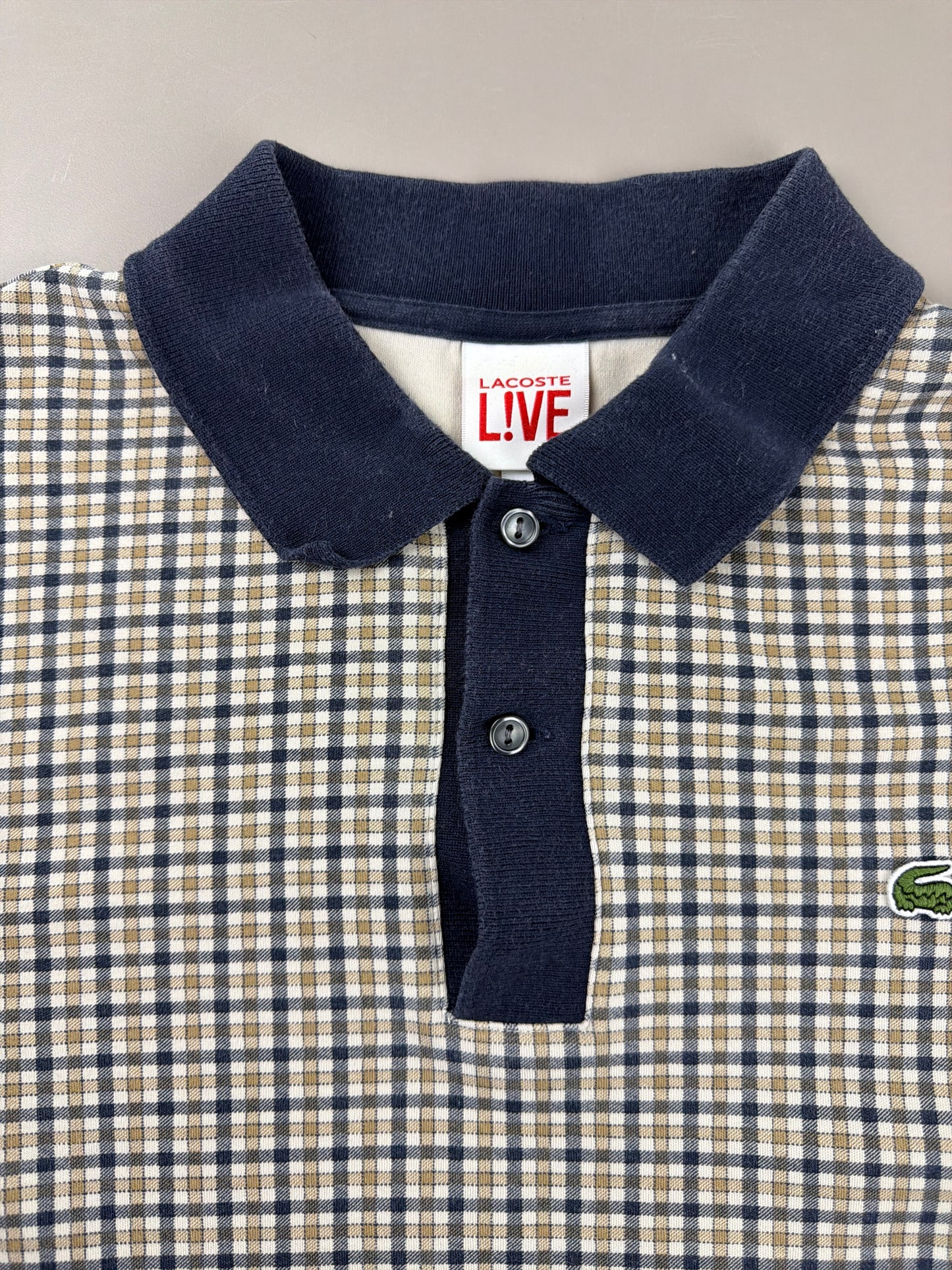 Lacoste L!VE Archive "Checkered" Longsleeve Polo - Navy & Beige