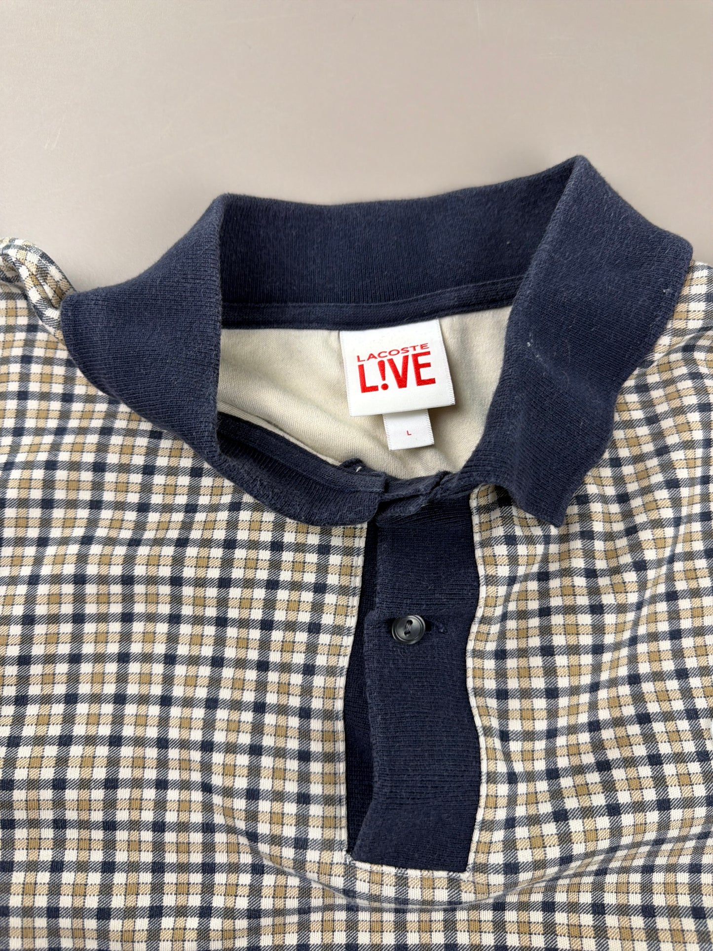 Lacoste L!VE Archive "Checkered" Longsleeve Polo - Navy & Beige