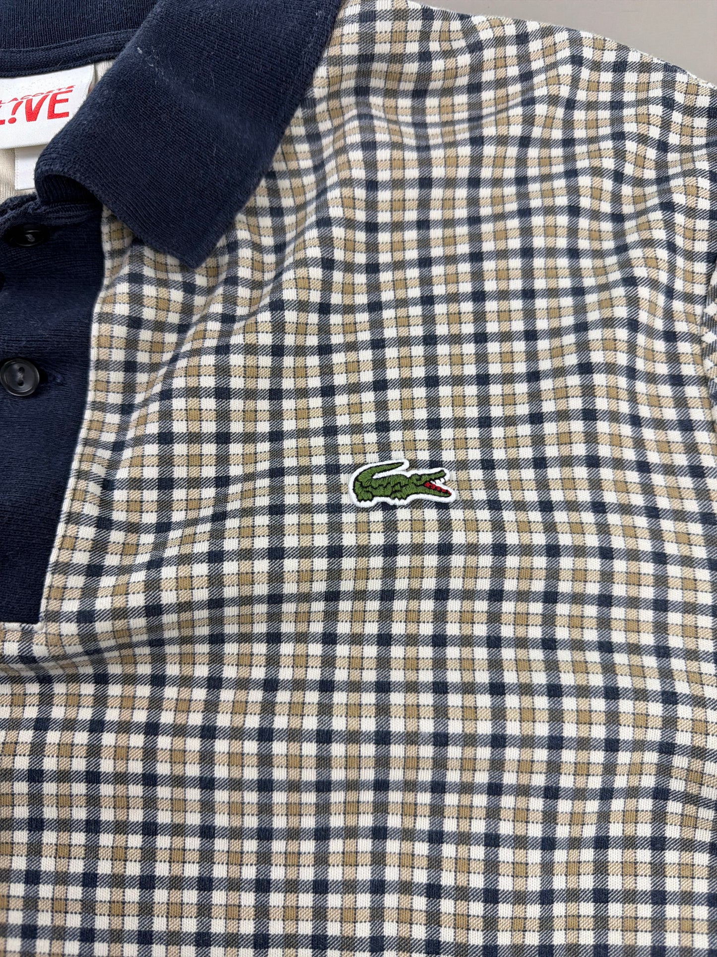 Lacoste L!VE Archive "Checkered" Longsleeve Polo - Navy & Beige