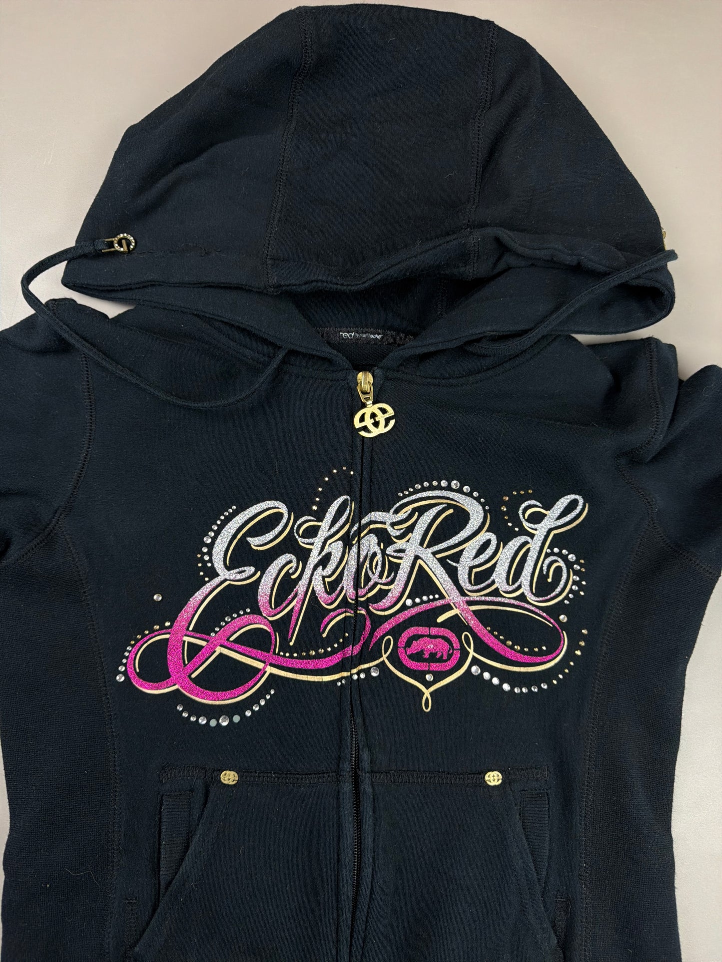 Ecko Red "Rhinestone Spellout" Zip Hoodie - Black / Pink