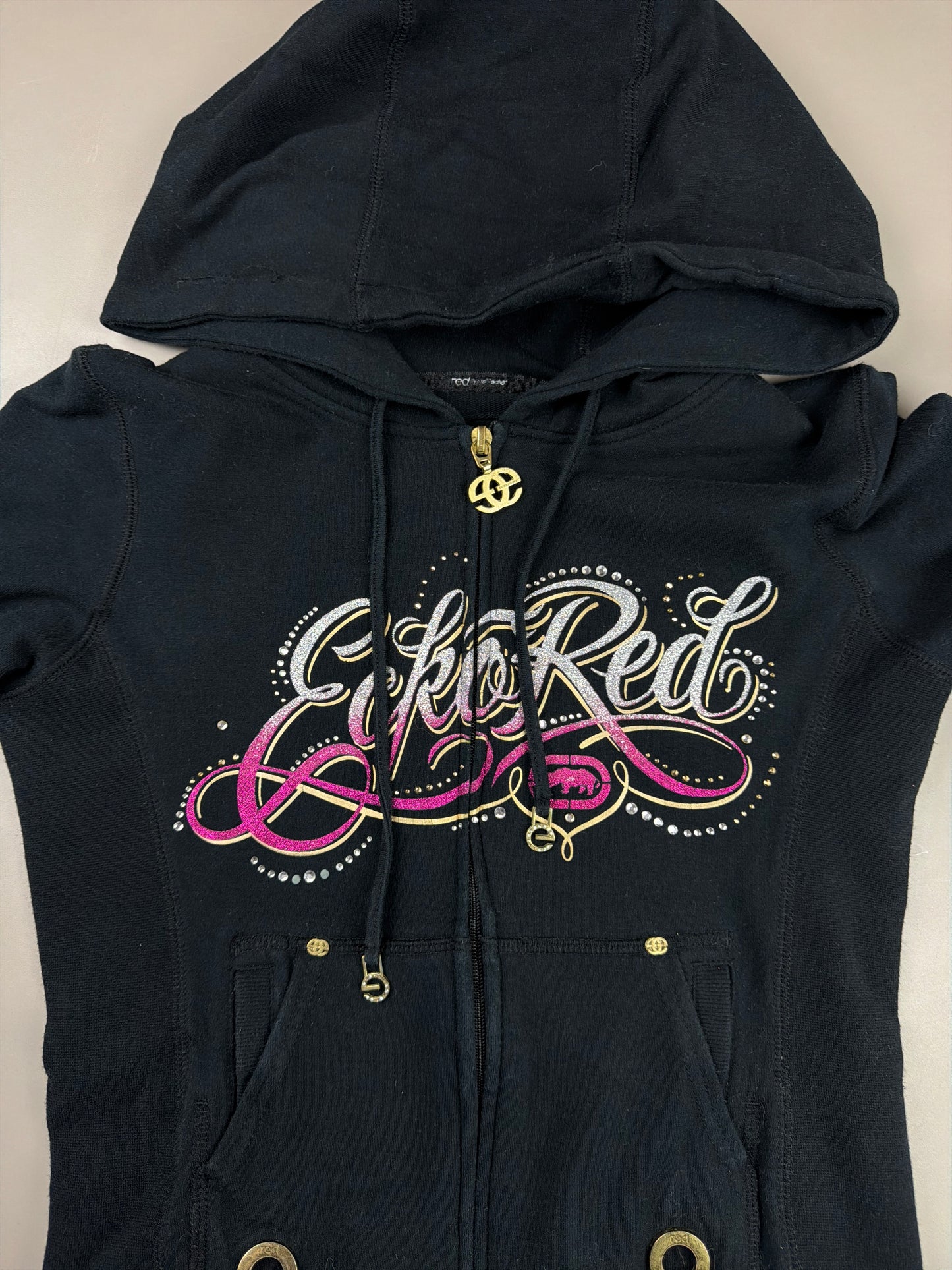 Ecko Red "Rhinestone Spellout" Zip Hoodie - Black / Pink