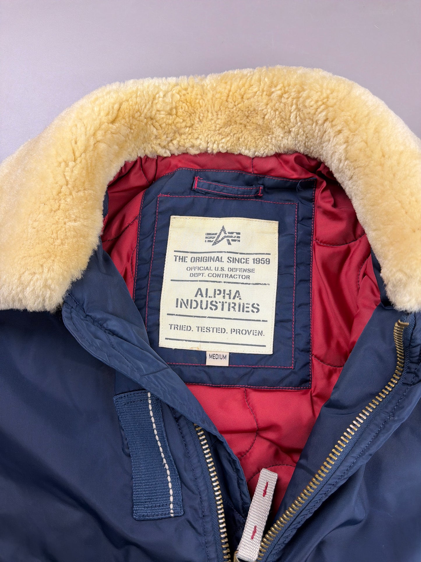 Alpha Industries Y2K "Aviator" Bomber Jacket - Navy Blue / Real Sheep Fur