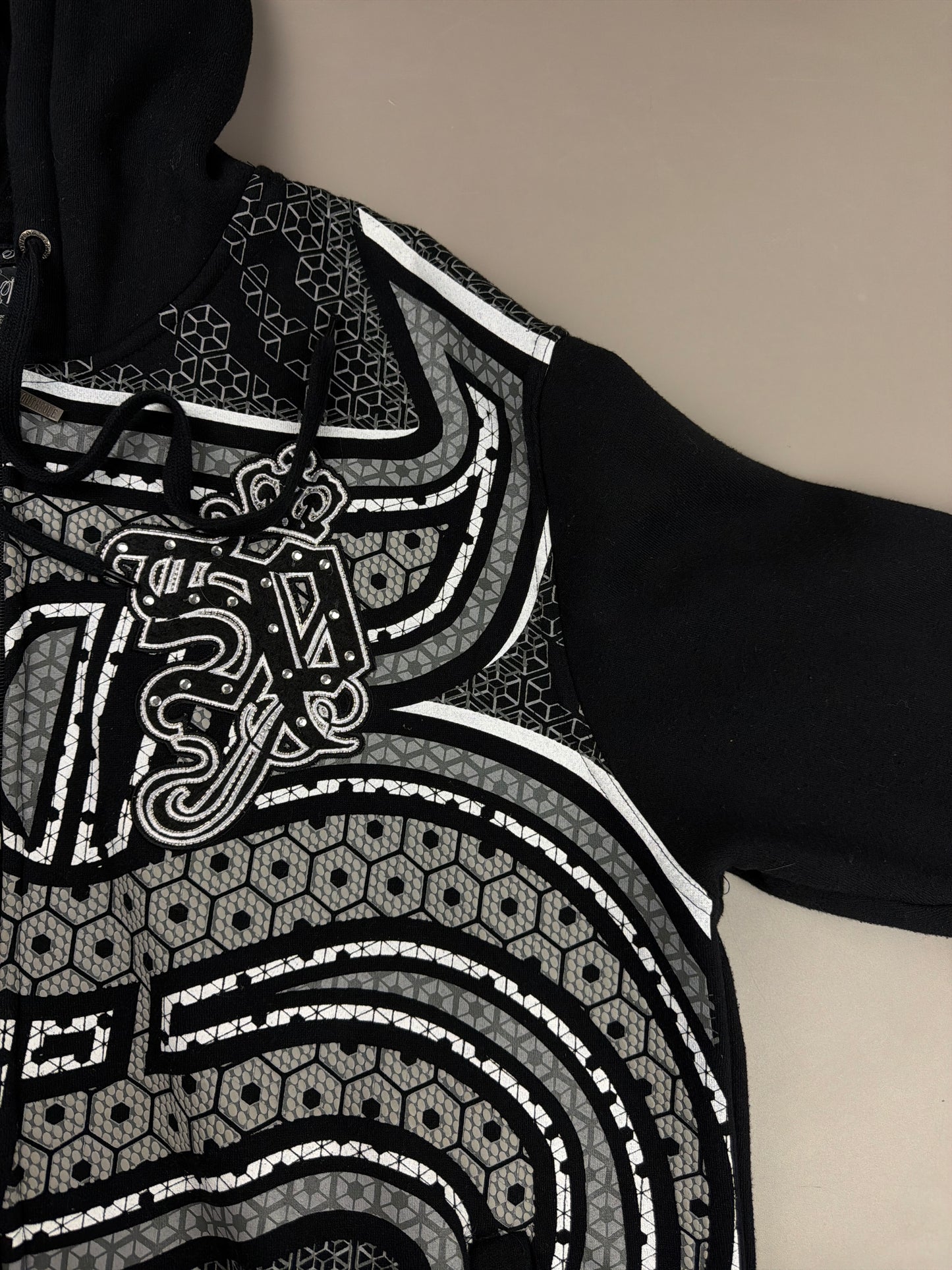 Southpole "Cyber Hexagon" Rhinestone Zip Hoodie - Black & Silver