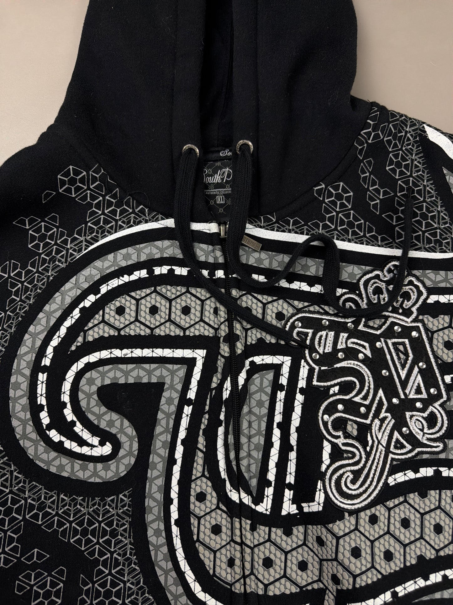 Southpole "Cyber Hexagon" Rhinestone Zip Hoodie - Black & Silver
