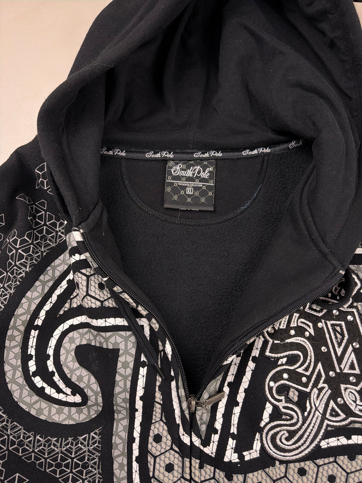 Southpole "Cyber Hexagon" Rhinestone Zip Hoodie - Black & Silver