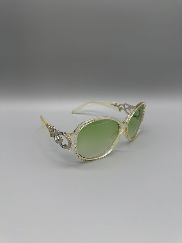 Y2K Rhinestone Shield "Fiorucci" Sunglasses - Clear / Green Tint