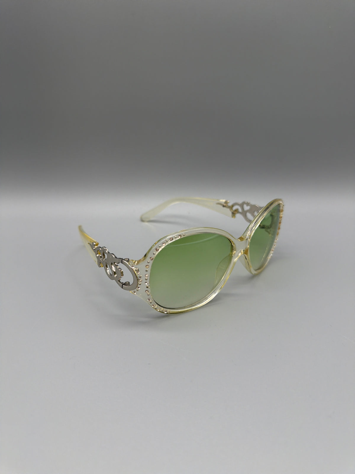 Y2K Rhinestone Shield "Fiorucci" Sunglasses - Clear / Green Tint