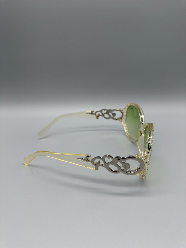 Y2K Rhinestone Shield "Fiorucci" Sunglasses - Clear / Green Tint