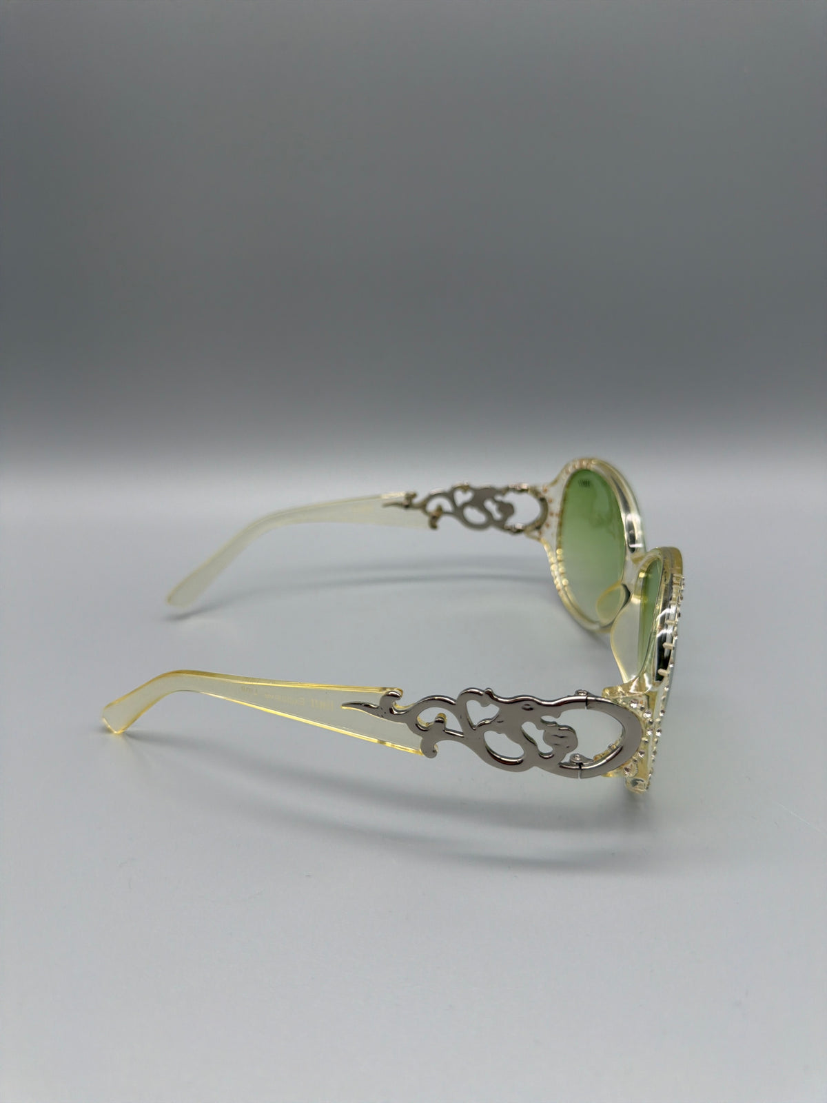 Y2K Rhinestone Shield "Fiorucci" Sunglasses - Clear / Green Tint