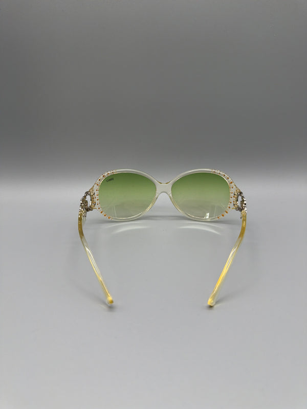 Y2K Rhinestone Shield "Fiorucci" Sunglasses - Clear / Green Tint