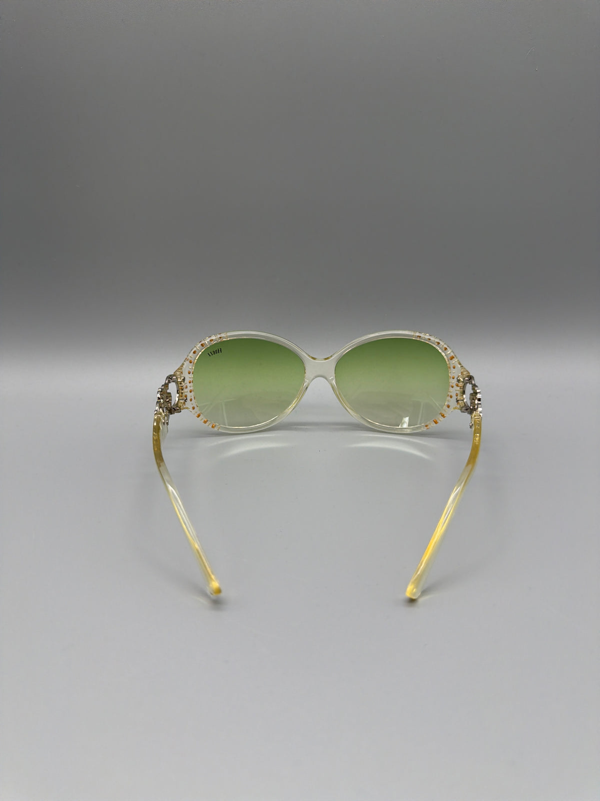 Y2K Rhinestone Shield "Fiorucci" Sunglasses - Clear / Green Tint