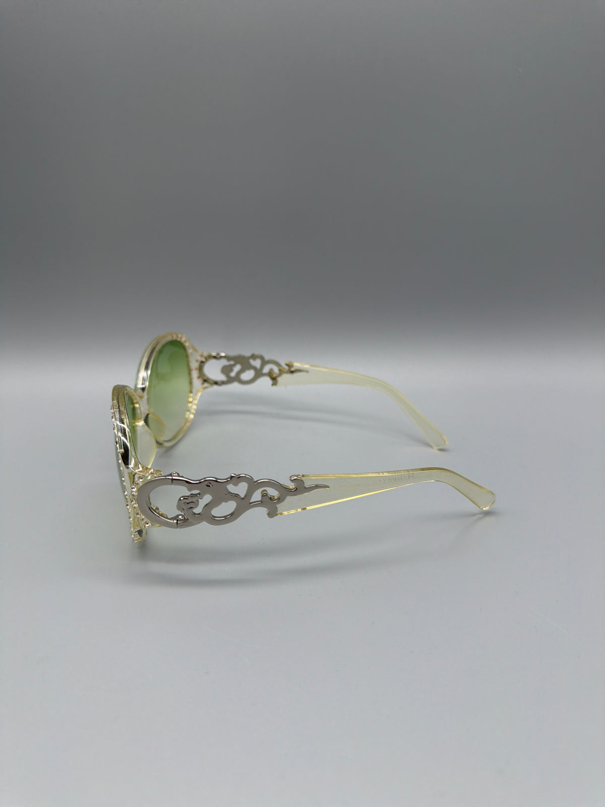 Y2K Rhinestone Shield "Fiorucci" Sunglasses - Clear / Green Tint