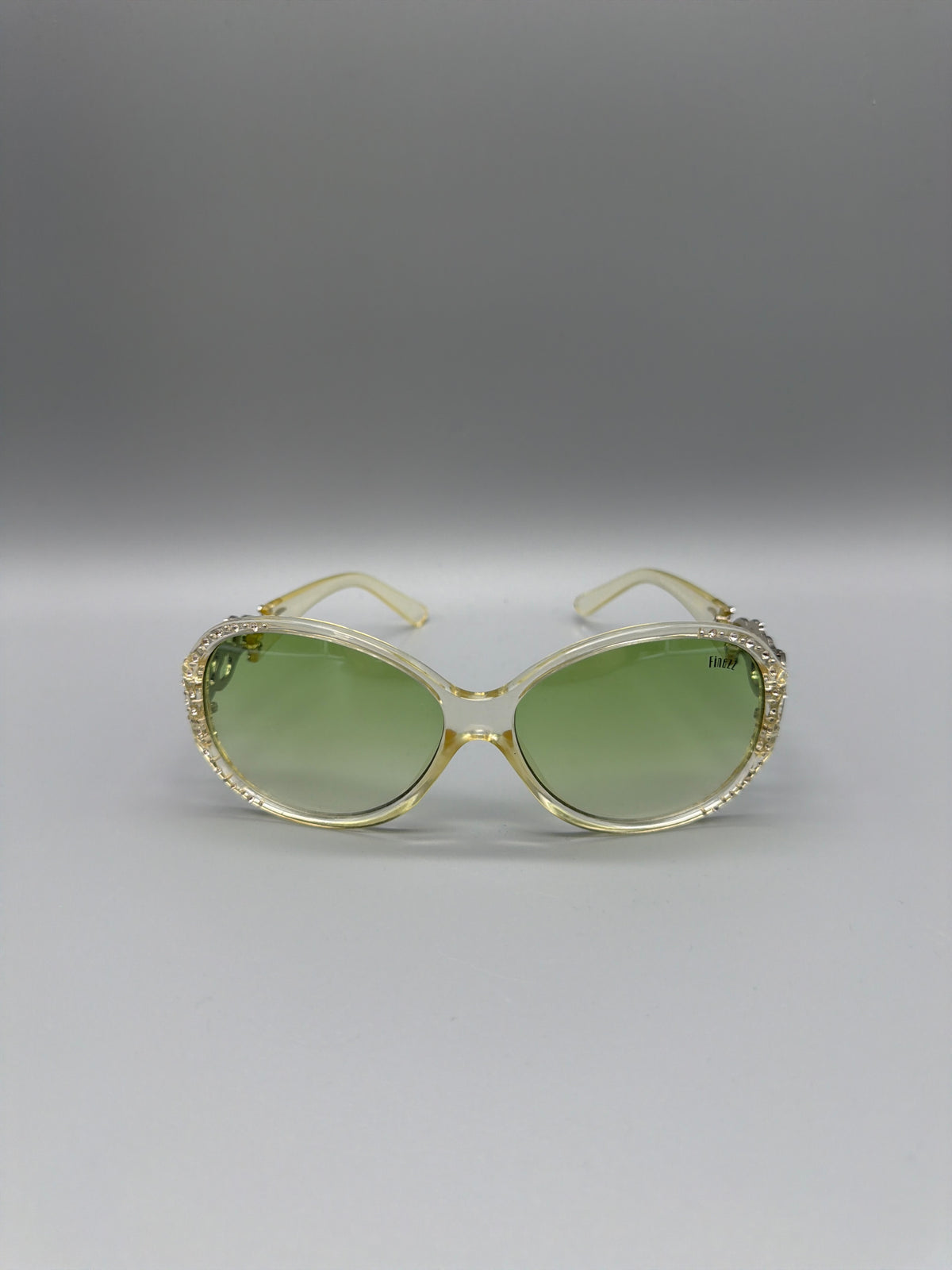 Y2K Rhinestone Shield "Fiorucci" Sunglasses - Clear / Green Tint