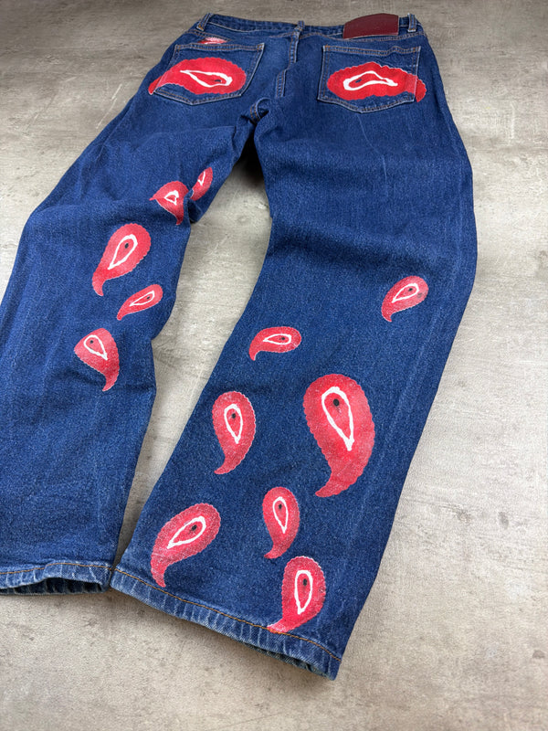 Ravani Berlin Paisley Custom Graphic Denim Pants – Blue/Red