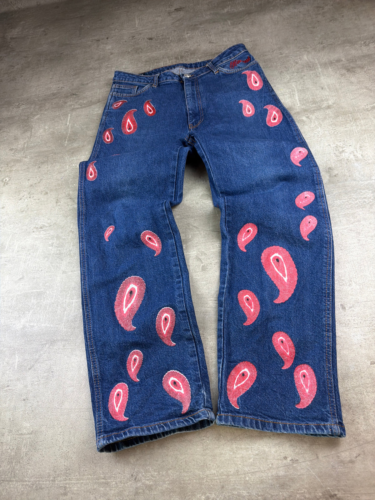 Ravani Berlin Paisley Custom Graphic Denim Pants – Blue/Red