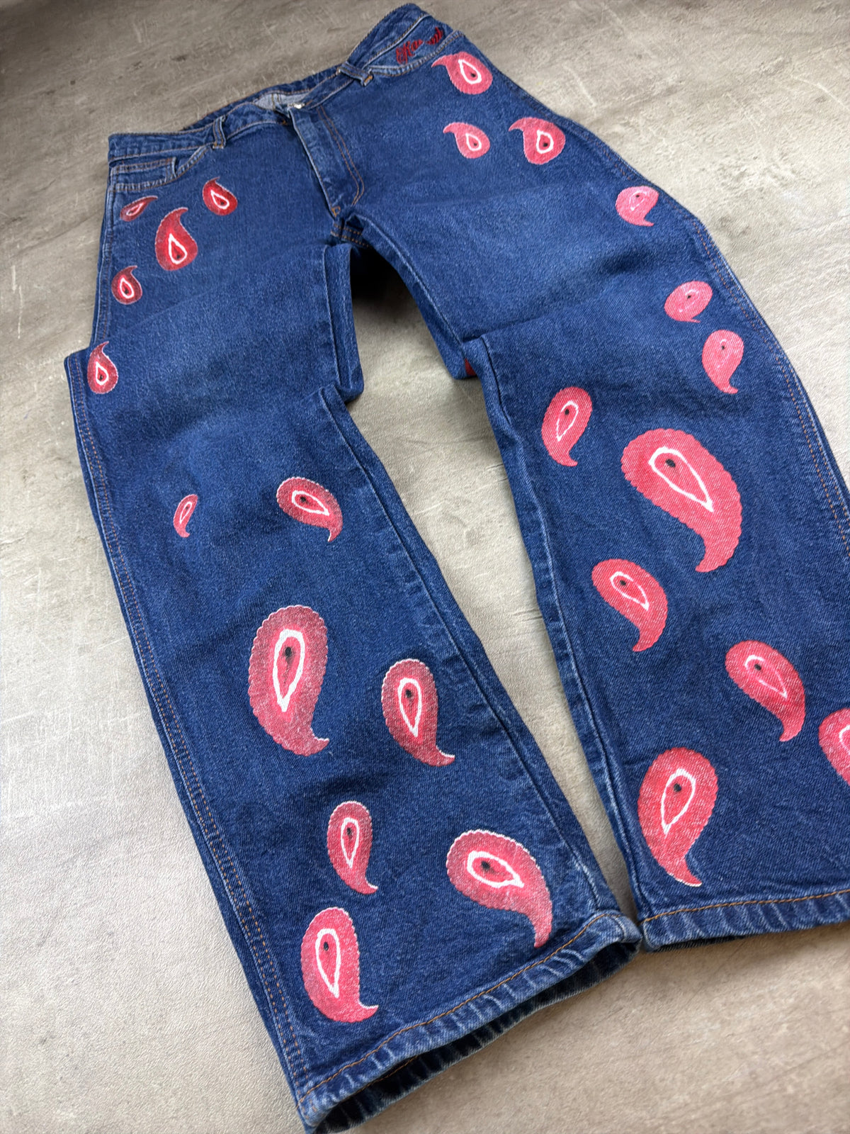 Ravani Berlin Paisley Custom Graphic Denim Pants – Blue/Red