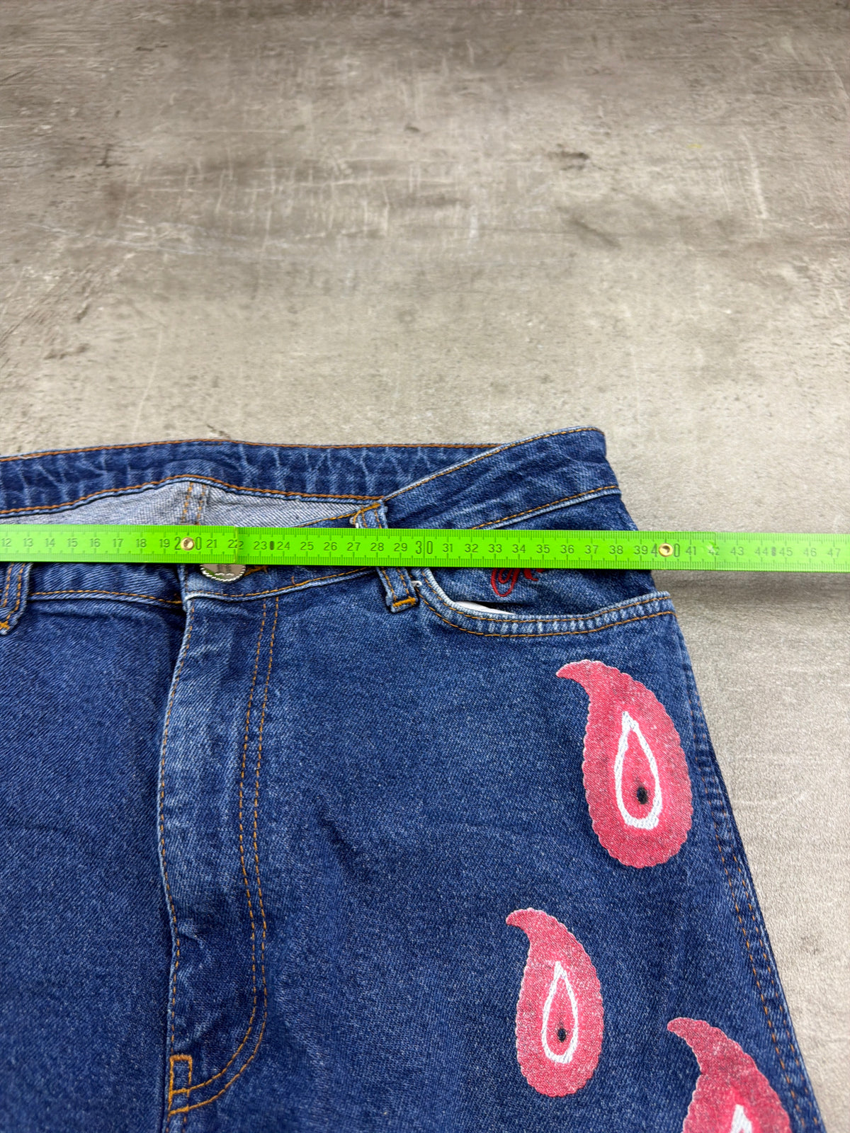 Ravani Berlin Paisley Custom Graphic Denim Pants – Blue/Red
