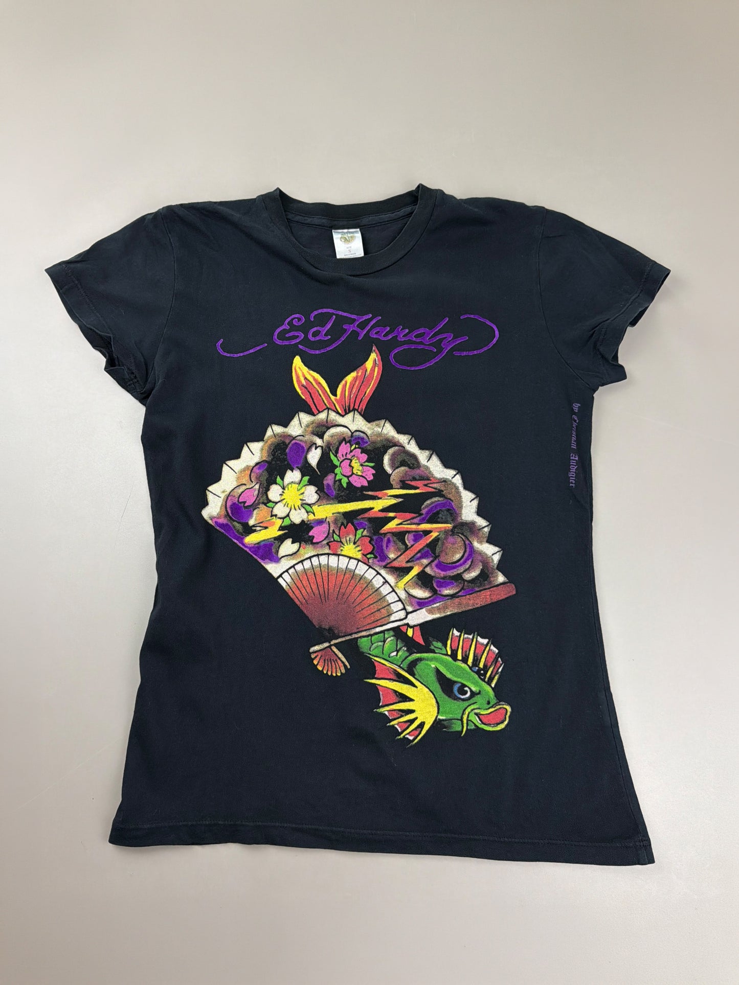 Ed Hardy by Christian Audigier "Koi Fan" Baby Tee - Black Y2K Aesthetic
