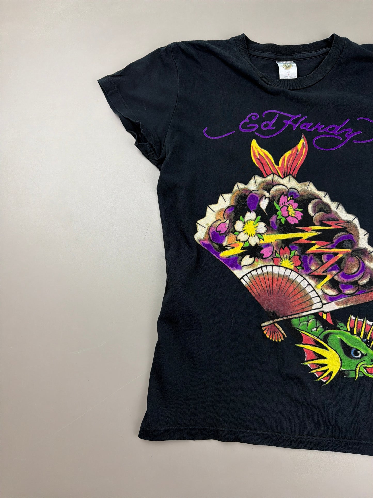 Ed Hardy by Christian Audigier "Koi Fan" Baby Tee - Black Y2K Aesthetic