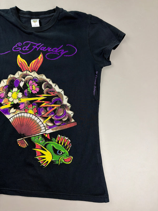 Ed Hardy by Christian Audigier "Koi Fan" Baby Tee - Black Y2K Aesthetic