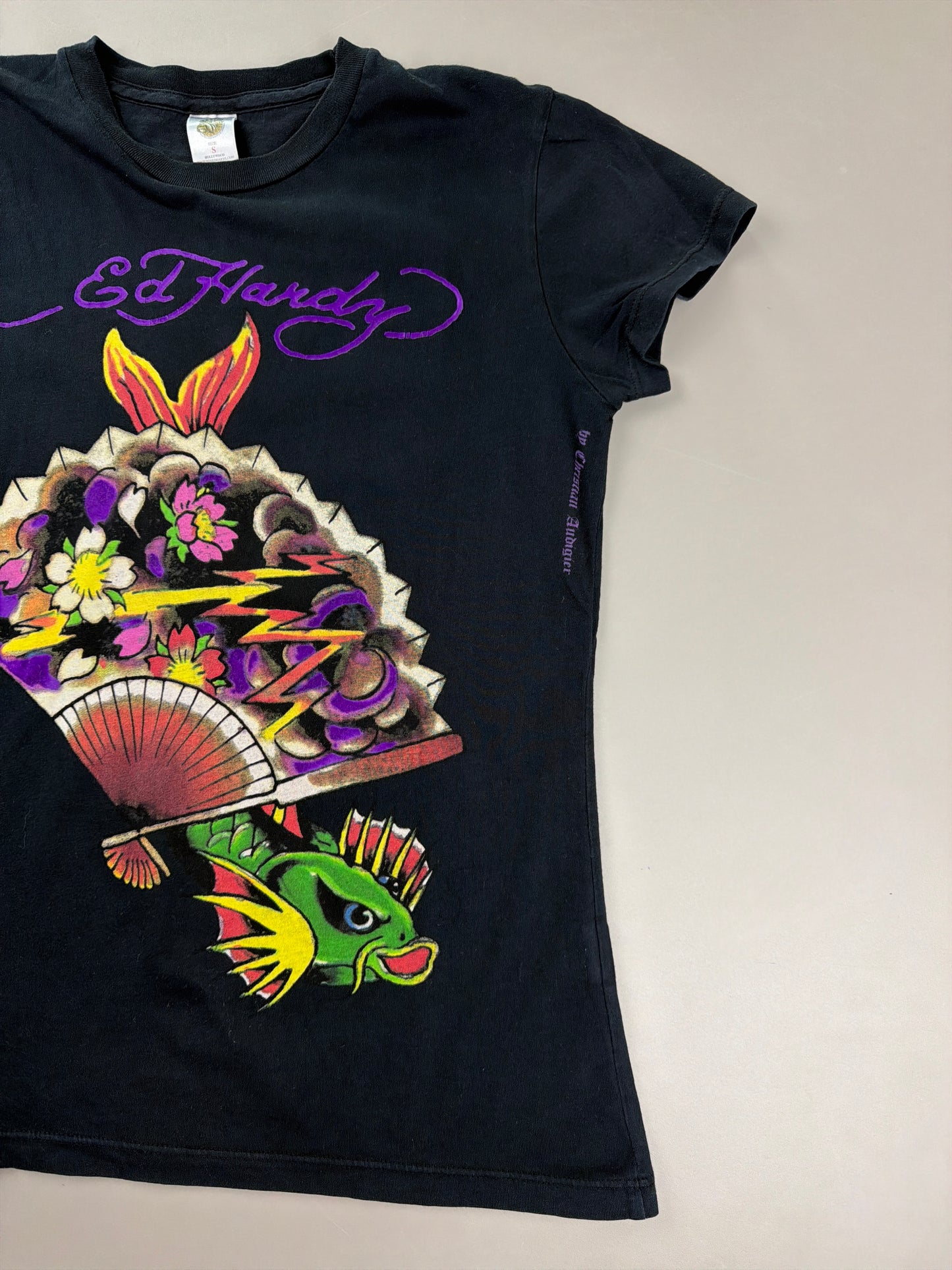 Ed Hardy by Christian Audigier "Koi Fan" Baby Tee - Black Y2K Aesthetic