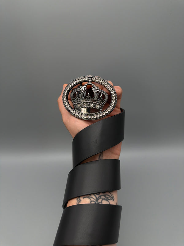 Y2K Rhinestone Crown Buckle Belt - Black / Gunmetal