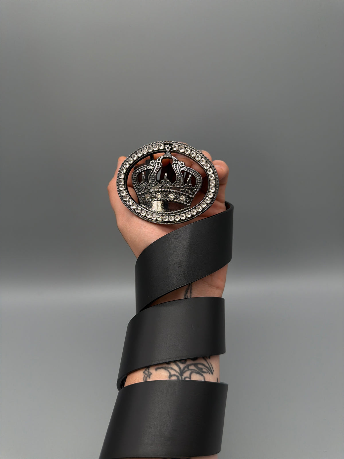 Y2K Rhinestone Crown Buckle Belt - Black / Gunmetal - Past Pieces