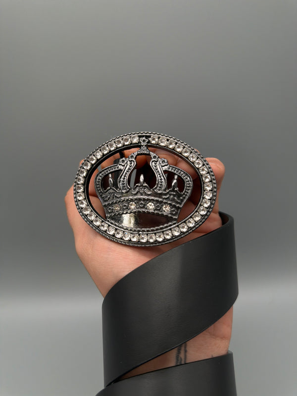 Y2K Rhinestone Crown Buckle Belt - Black / Gunmetal