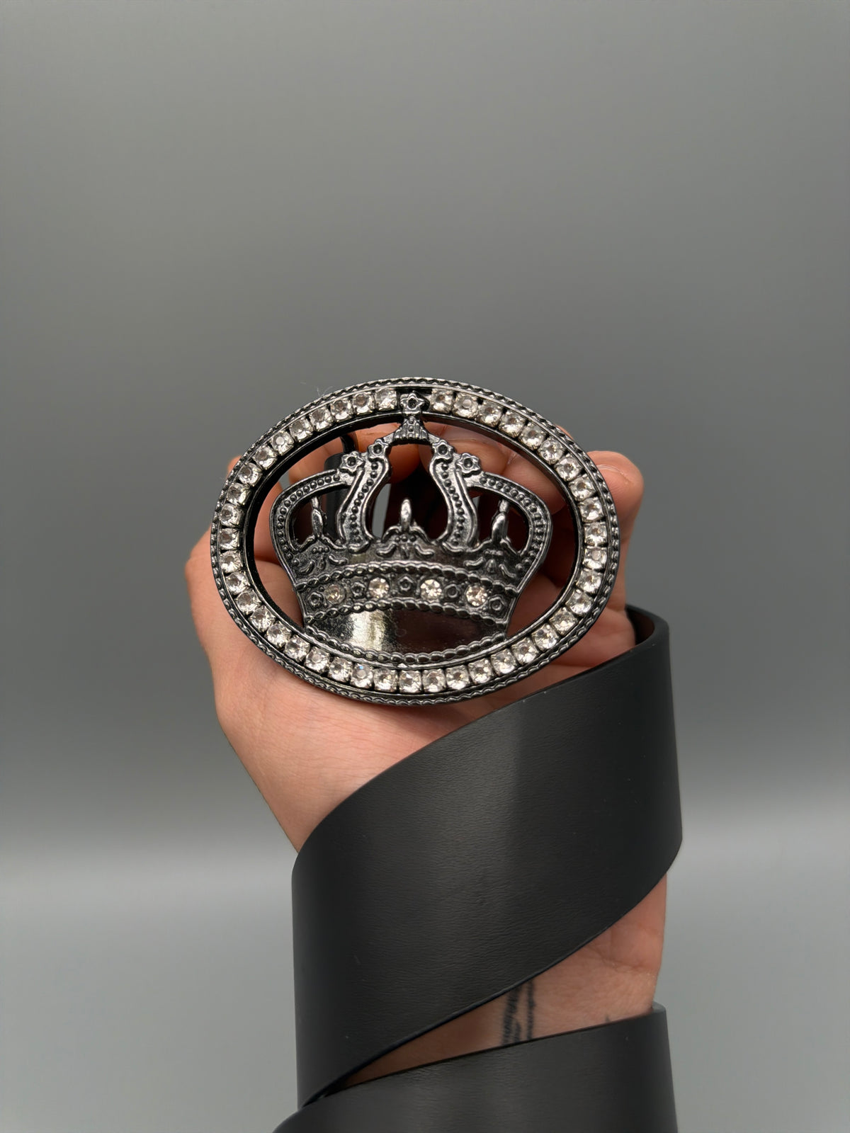 Y2K Rhinestone Crown Buckle Belt - Black / Gunmetal - Past Pieces