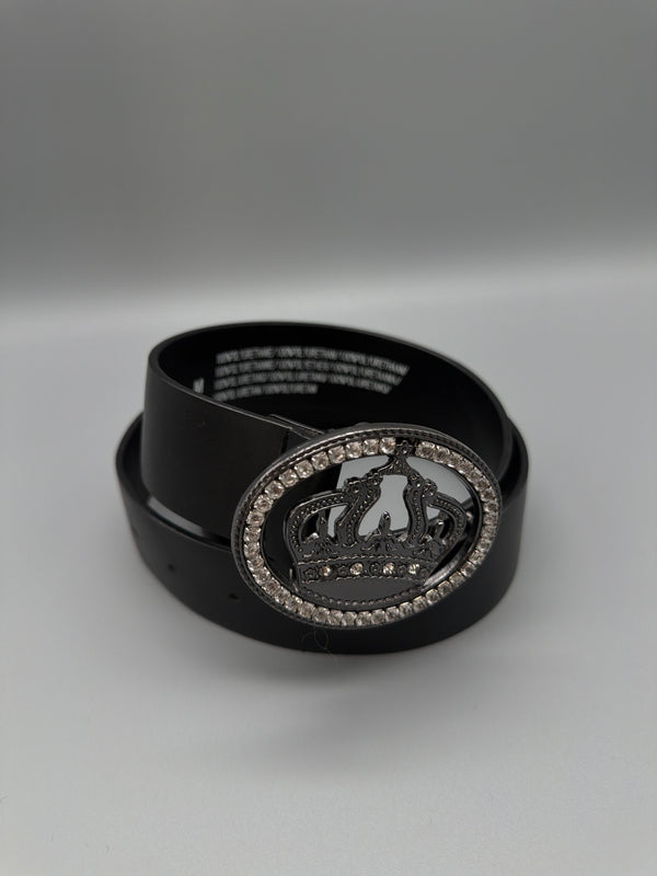 Y2K Rhinestone Crown Buckle Belt - Black / Gunmetal