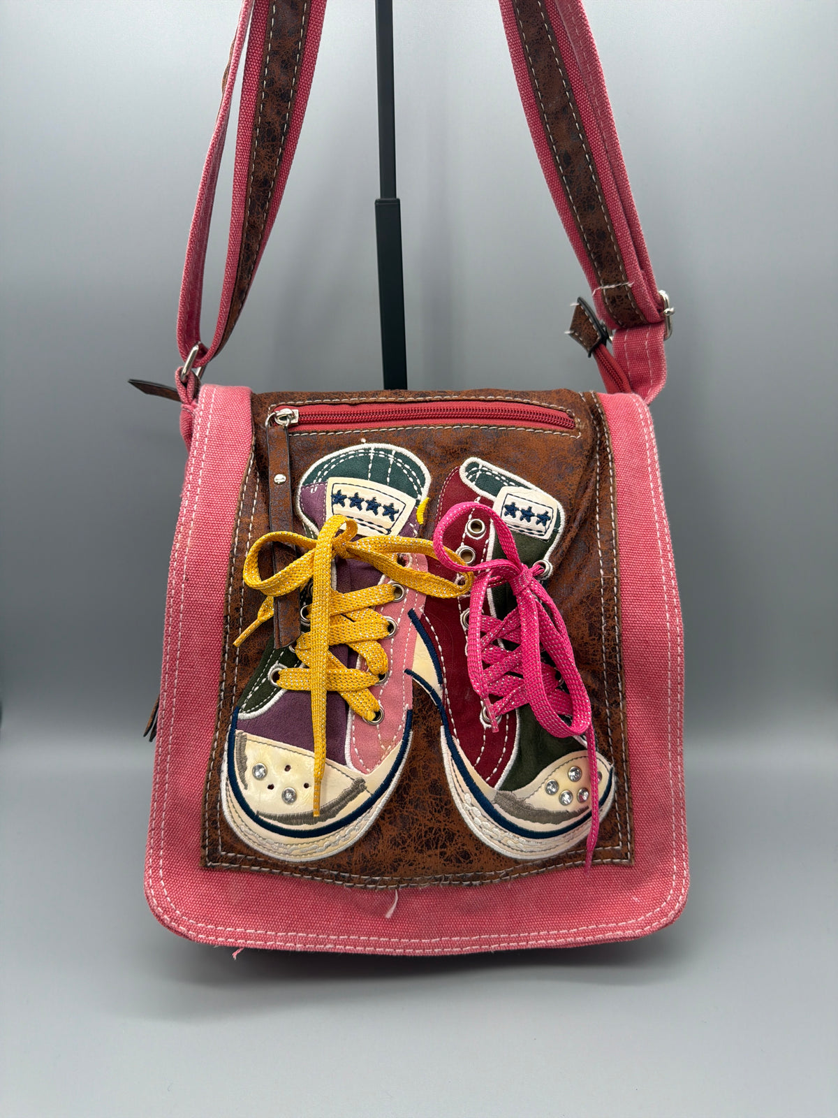 Vintage Y2K Sneaker Applique Canvas Crossbody Bag - Pink / Brown - Past Pieces