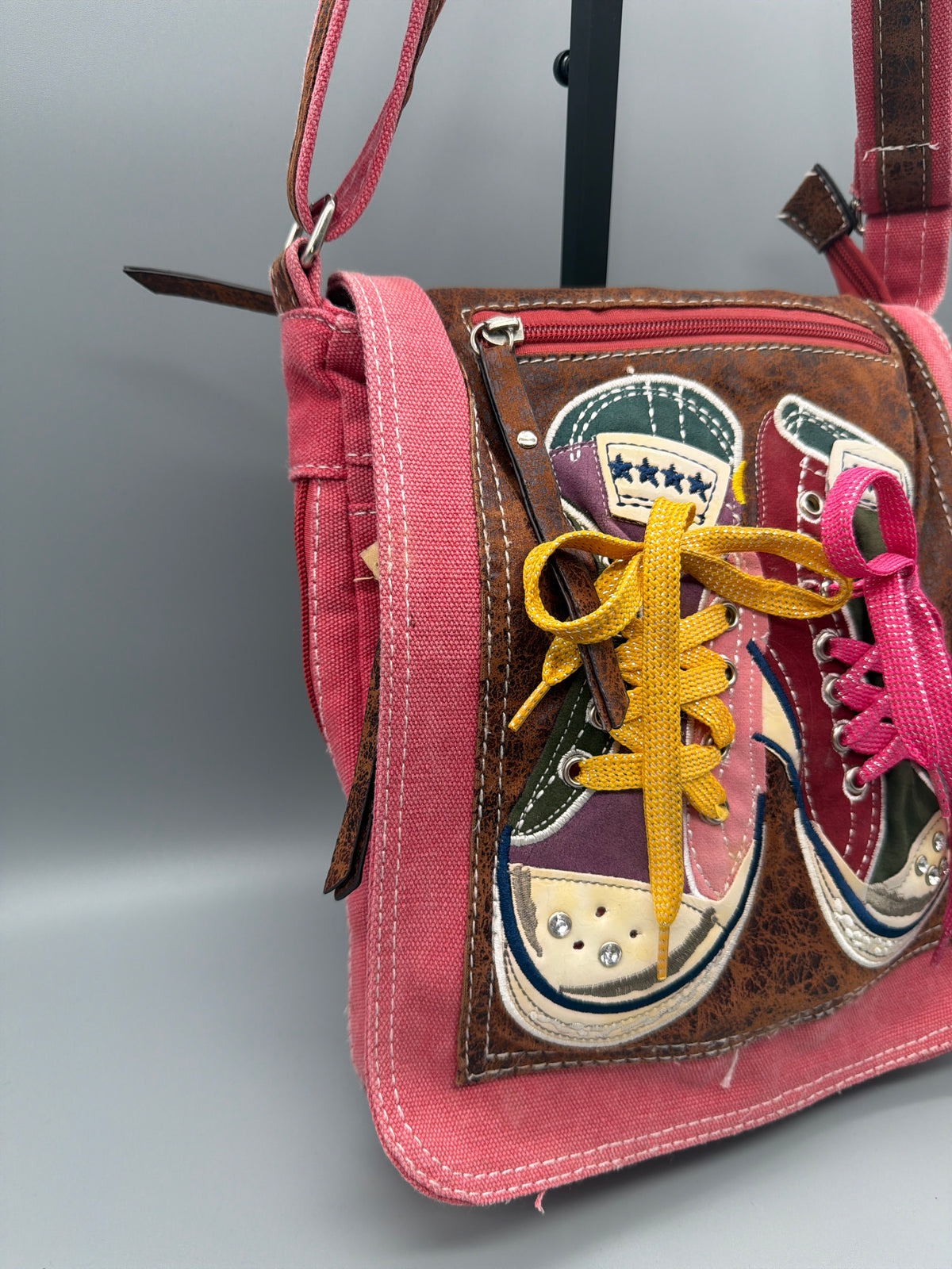 Vintage Y2K Sneaker Applique Canvas Crossbody Bag - Pink / Brown - Past Pieces