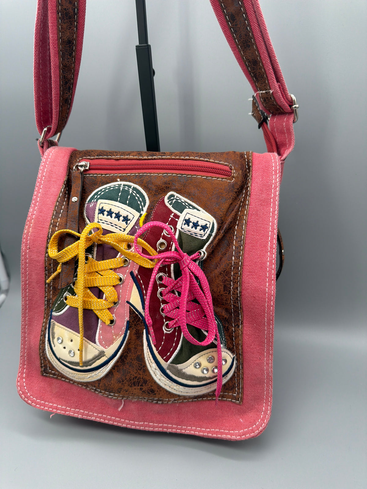 Vintage Y2K Sneaker Applique Canvas Crossbody Bag - Pink / Brown - Past Pieces
