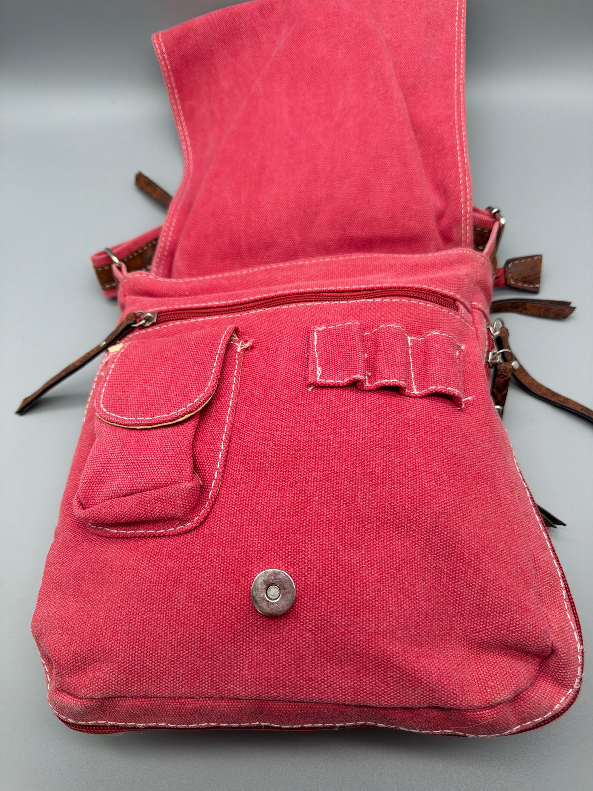 Vintage Y2K Sneaker Applique Canvas Crossbody Bag - Pink / Brown - Past Pieces