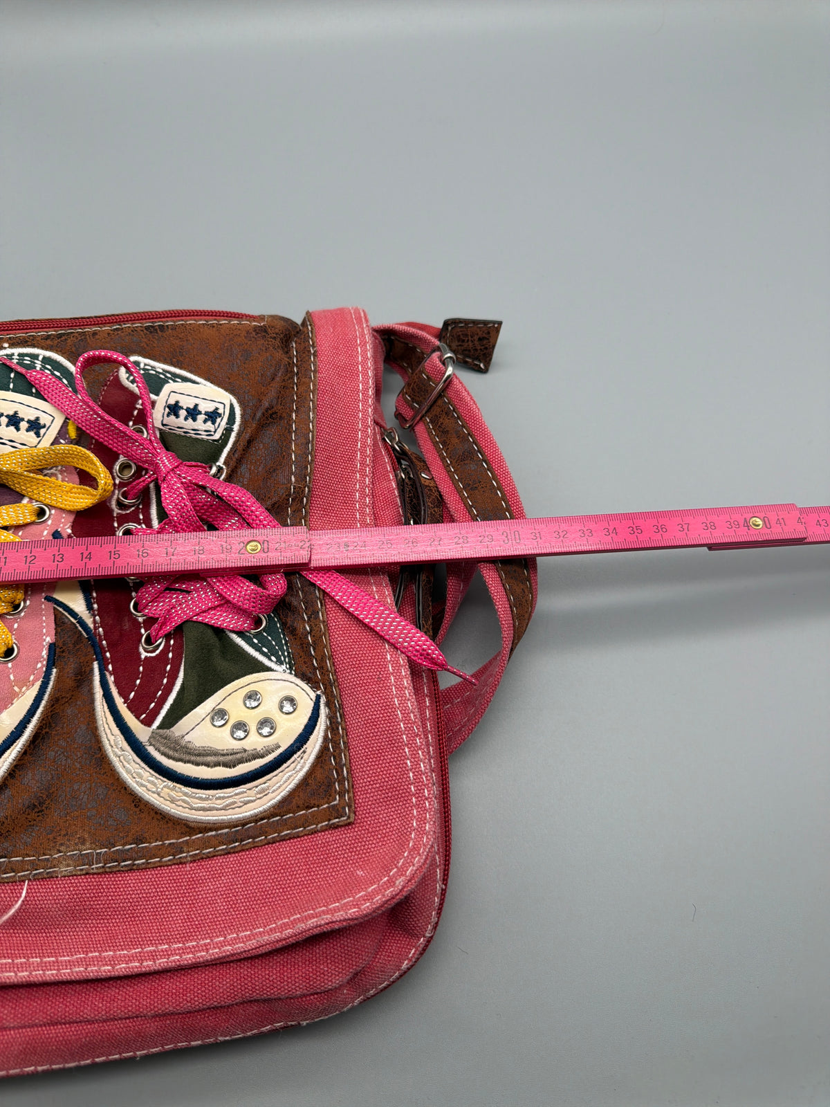 Vintage Y2K Sneaker Applique Canvas Crossbody Bag - Pink / Brown - Past Pieces