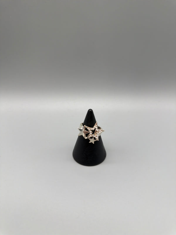 Y2K Rhinestone Triple Star Statement Ring - Silver