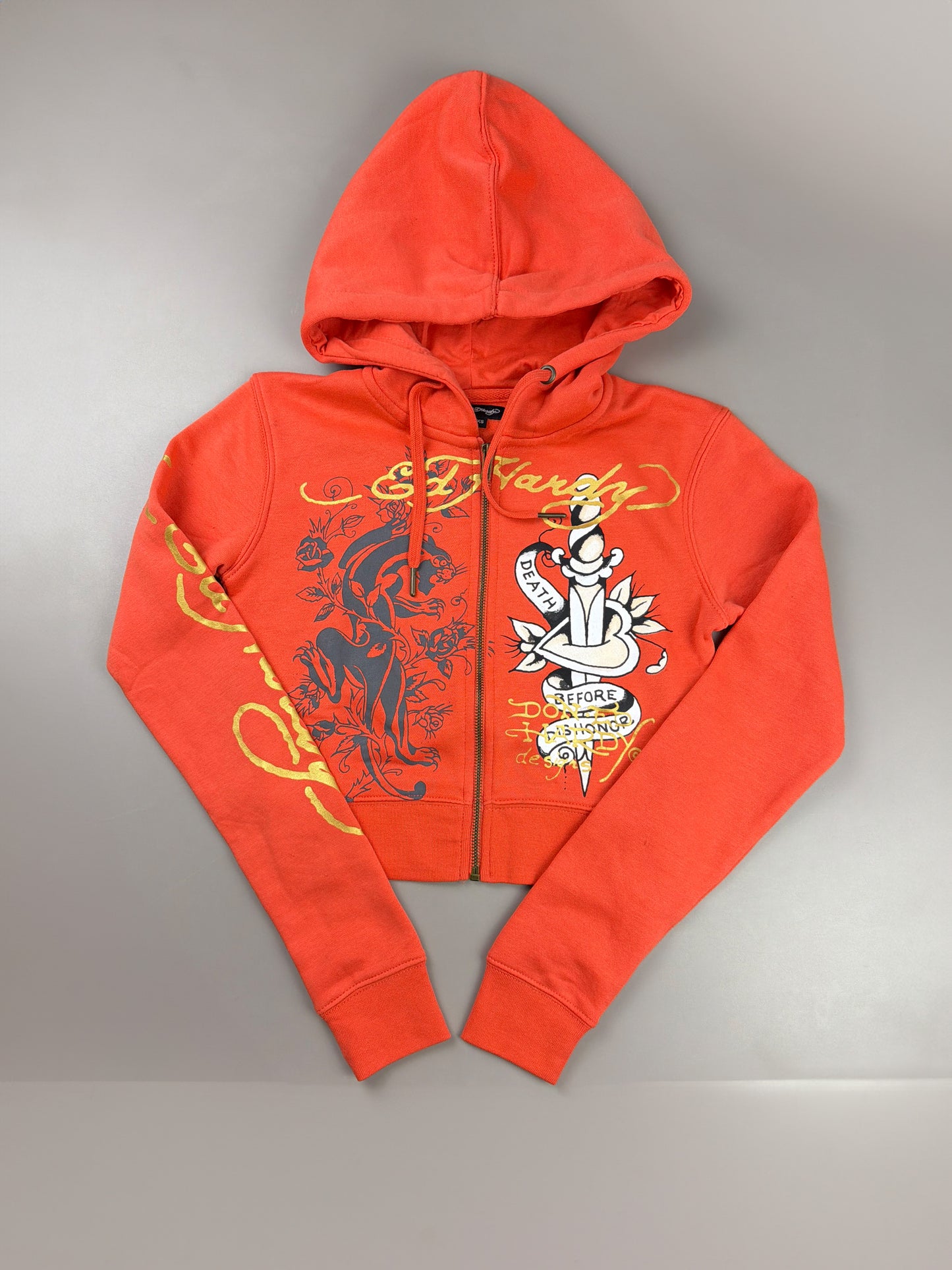 Ed Hardy Y2K "Death Before Dishonor" Zip Hoodie - Vibrant Orange