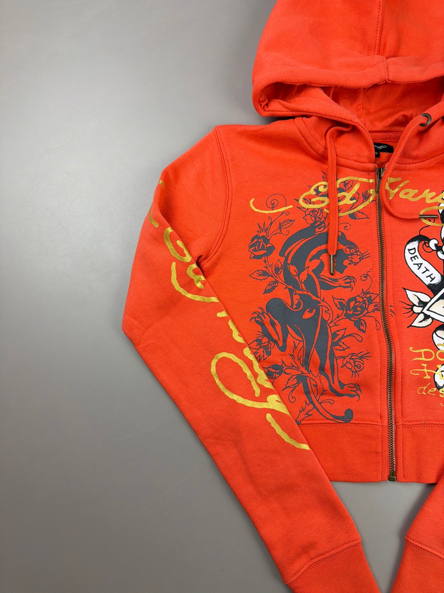 Ed Hardy Y2K "Death Before Dishonor" Zip Hoodie - Vibrant Orange