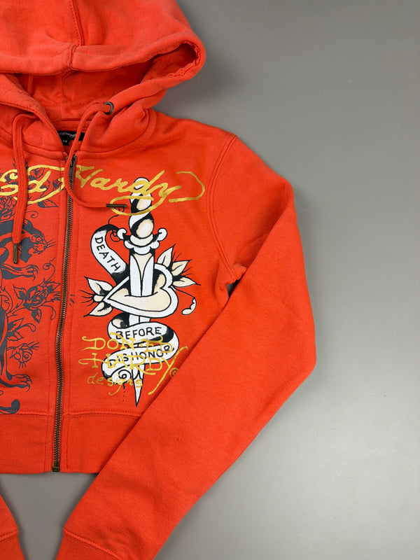 Ed Hardy Y2K "Death Before Dishonor" Zip Hoodie - Vibrant Orange