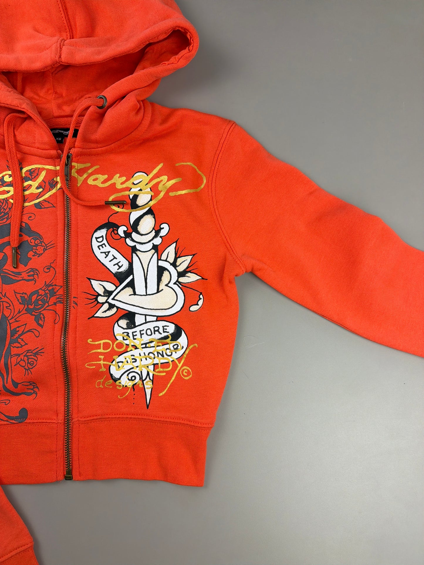 Ed Hardy Y2K "Death Before Dishonor" Zip Hoodie - Vibrant Orange