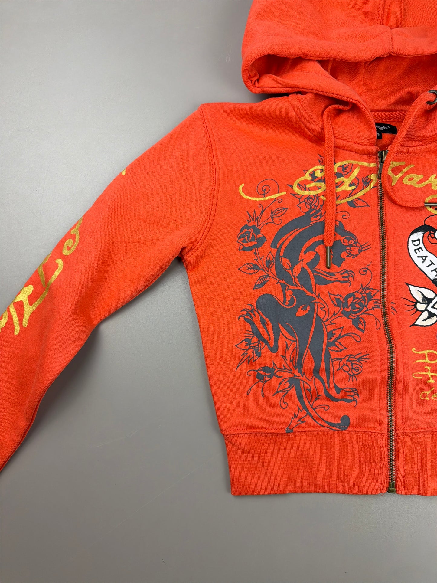 Ed Hardy Y2K "Death Before Dishonor" Zip Hoodie - Vibrant Orange