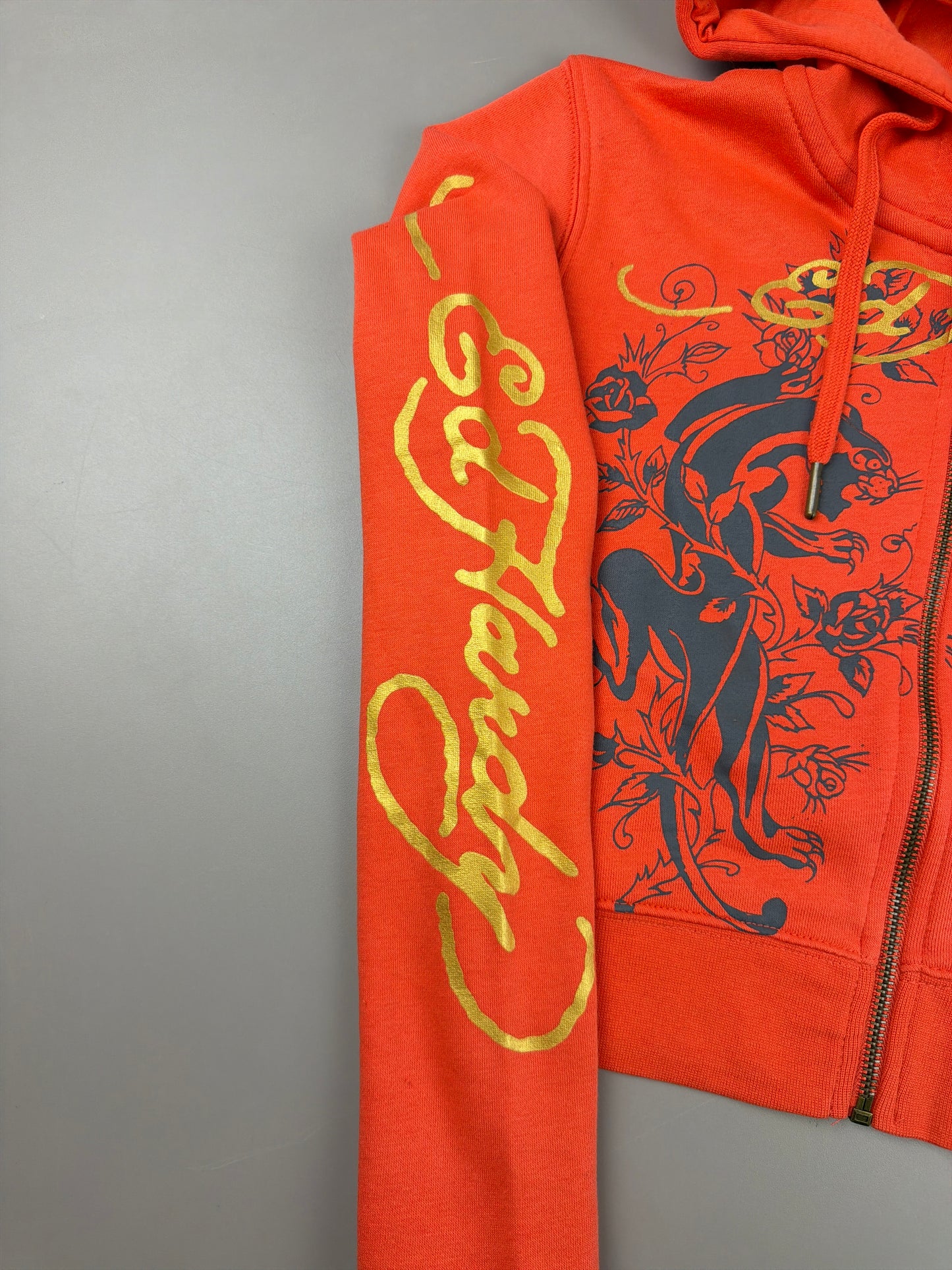 Ed Hardy Y2K "Death Before Dishonor" Zip Hoodie - Vibrant Orange