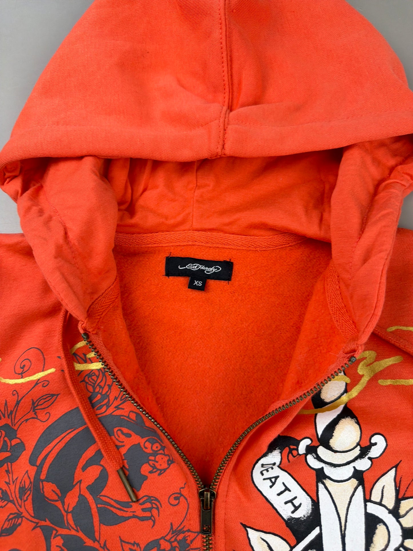 Ed Hardy Y2K "Death Before Dishonor" Zip Hoodie - Vibrant Orange