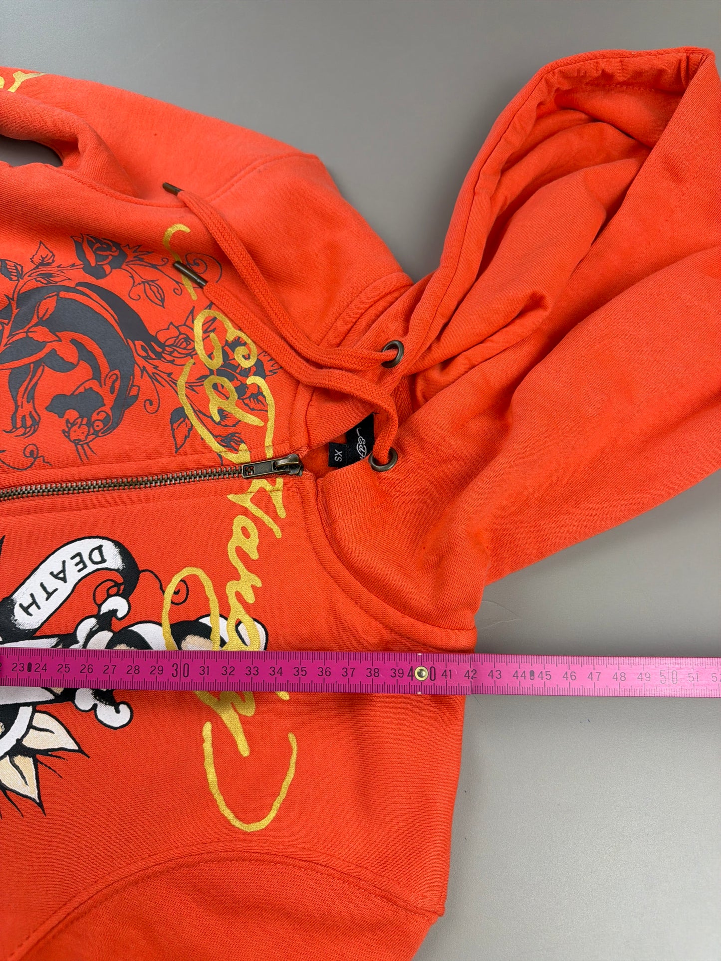 Ed Hardy Y2K "Death Before Dishonor" Zip Hoodie - Vibrant Orange