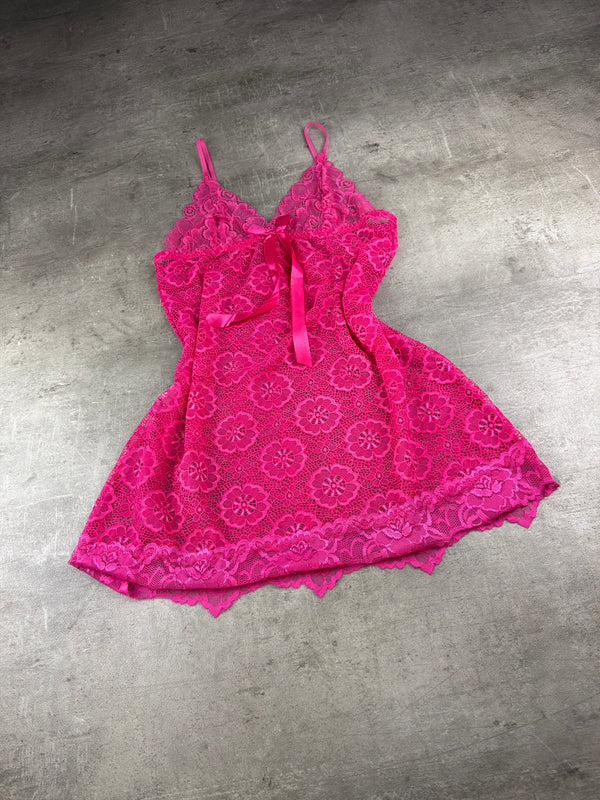 Vintage Y2K Floral Lace Satin Bow Babydoll Mini Slip Dress - Hot Pink