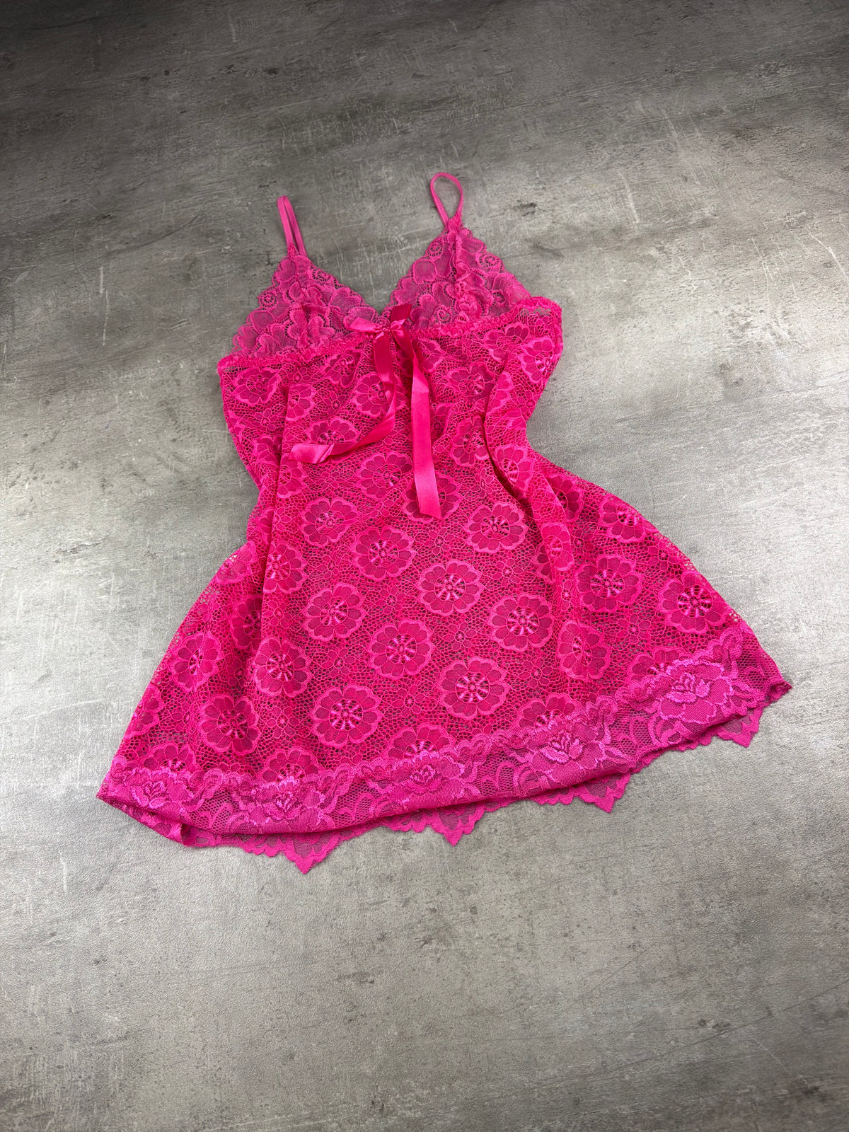 Vintage Y2K Floral Lace Satin Bow Babydoll Mini Slip Dress - Hot Pink - Past Pieces
