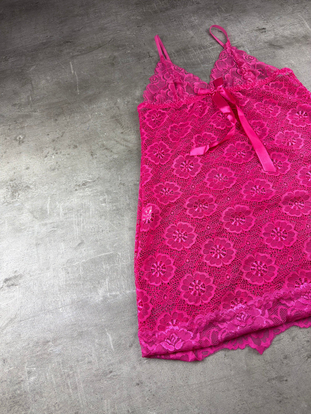 Vintage Y2K Floral Lace Satin Bow Babydoll Mini Slip Dress - Hot Pink - Past Pieces